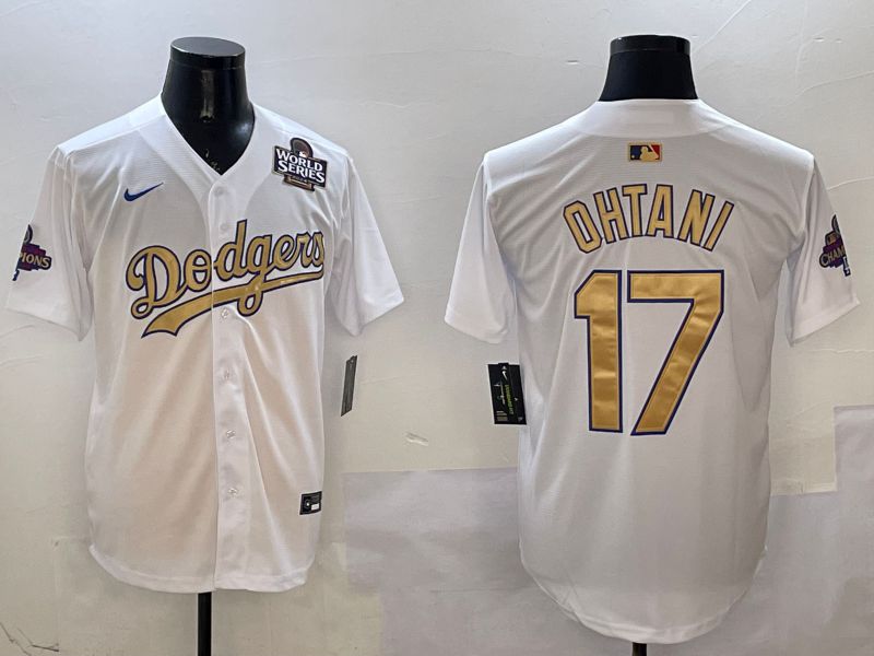 Men Los Angeles Dodgers #17 Ohtani White Champion gold character 2025 Nike MLB Jersey style 21